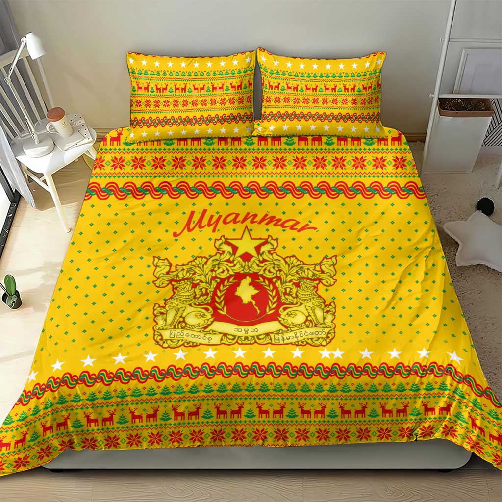Myanmar Christmas Bedding Set with Yellow-Red-Green Theme, National Emblem, and Star Motif - Wonder Print Shop