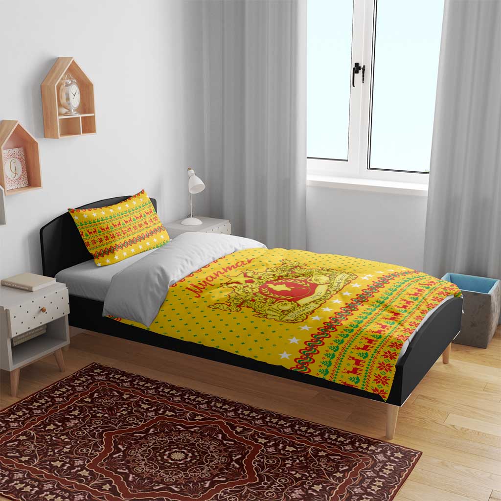 Myanmar Christmas Bedding Set with Yellow-Red-Green Theme, National Emblem, and Star Motif - Wonder Print Shop