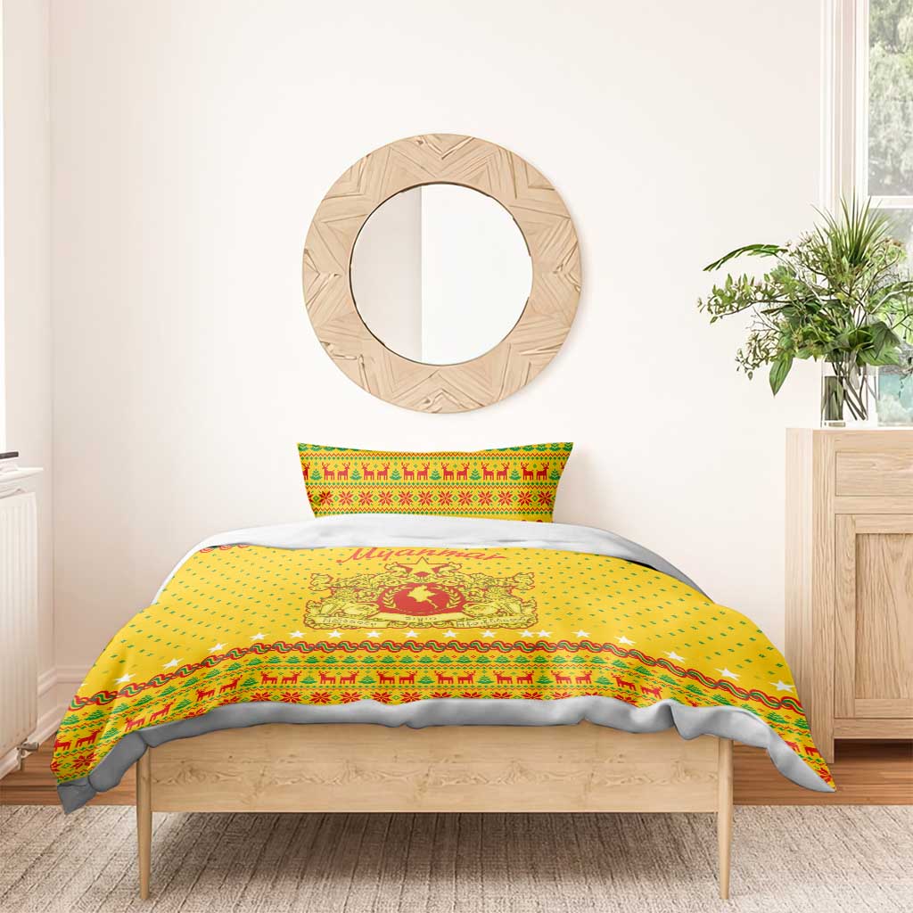 Myanmar Christmas Bedding Set with Yellow-Red-Green Theme, National Emblem, and Star Motif - Wonder Print Shop