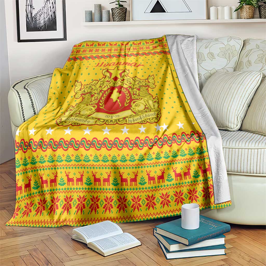 Myanmar Christmas Blanket with Yellow-Red-Green Theme, National Emblem, and Star Motif - Wonder Print Shop