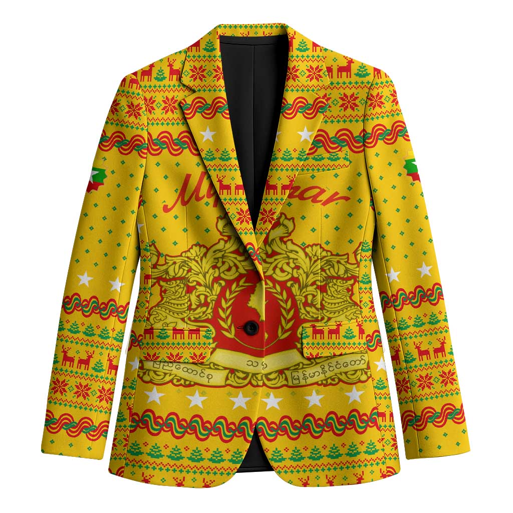 Myanmar Christmas Blazer with Yellow-Red-Green Theme, National Emblem, and Star Motif - Wonder Print Shop