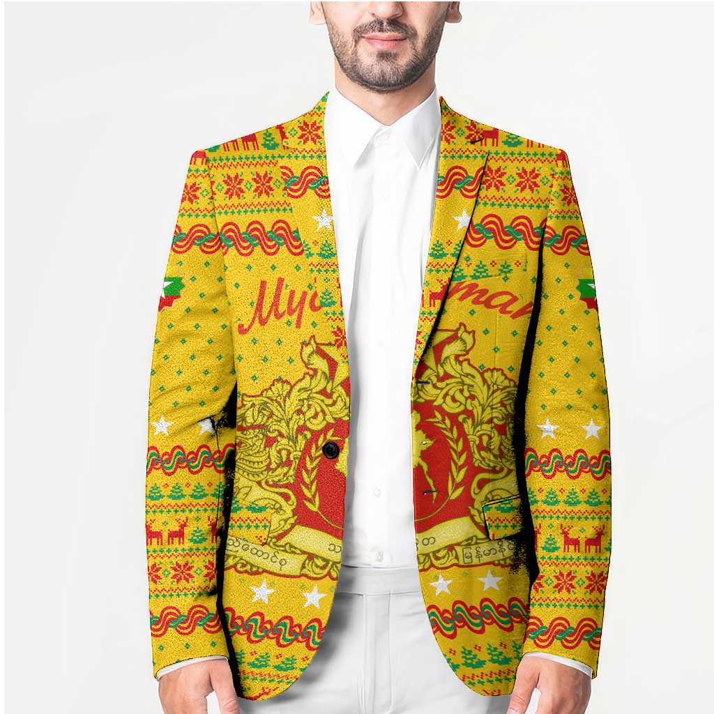 Myanmar Christmas Blazer with Yellow-Red-Green Theme, National Emblem, and Star Motif - Wonder Print Shop