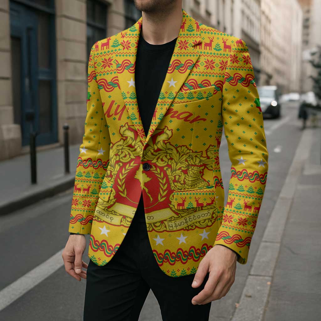 Myanmar Christmas Blazer with Yellow-Red-Green Theme, National Emblem, and Star Motif - Wonder Print Shop