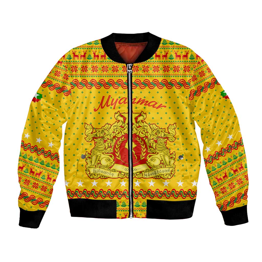 Myanmar Christmas Bomber Jacket with Yellow-Red-Green Theme, National Emblem, and Star Motif - Wonder Print Shop