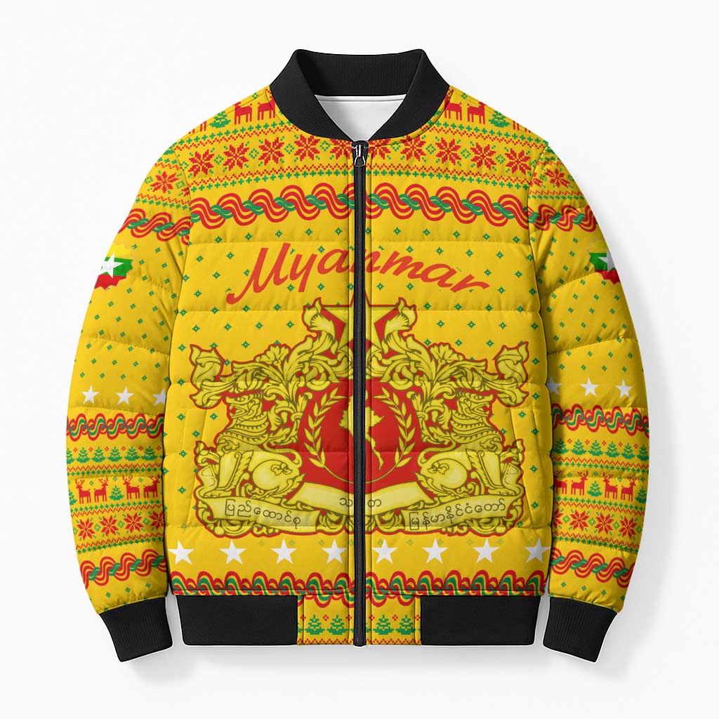 Myanmar Christmas Bomber Puffer Jacket with Yellow-Red-Green Theme, National Emblem, and Star Motif - Wonder Print Shop