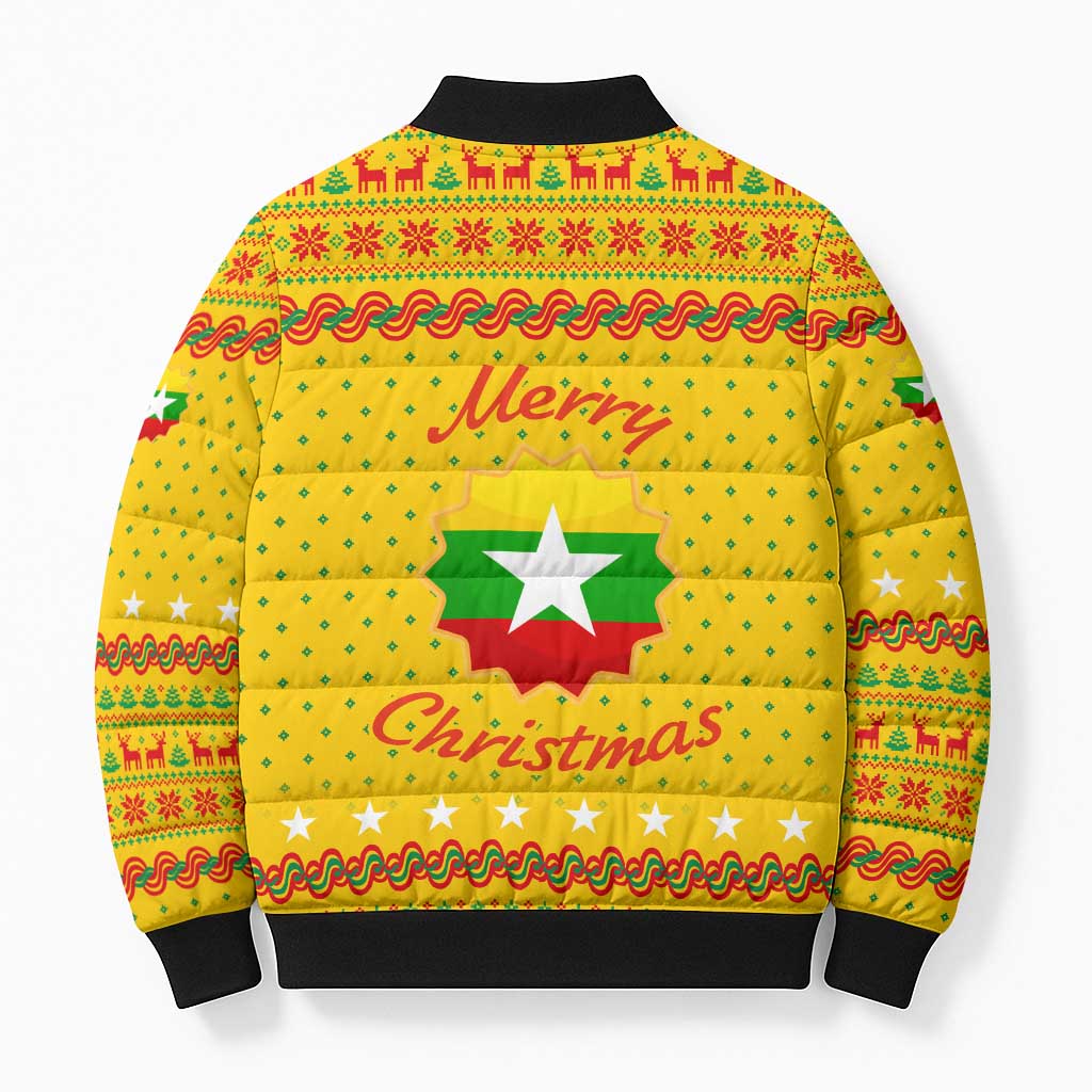 Myanmar Christmas Bomber Puffer Jacket with Yellow-Red-Green Theme, National Emblem, and Star Motif - Wonder Print Shop