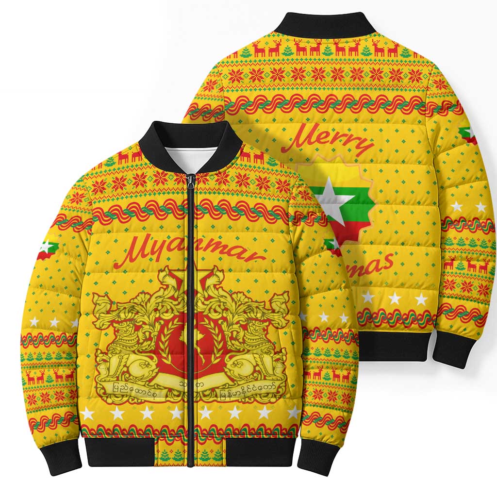 Myanmar Christmas Bomber Puffer Jacket with Yellow-Red-Green Theme, National Emblem, and Star Motif - Wonder Print Shop