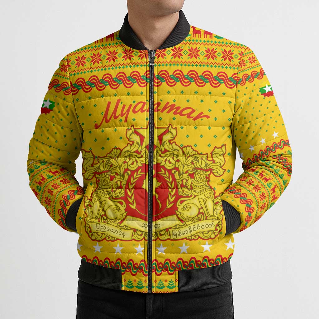 Myanmar Christmas Bomber Puffer Jacket with Yellow-Red-Green Theme, National Emblem, and Star Motif - Wonder Print Shop