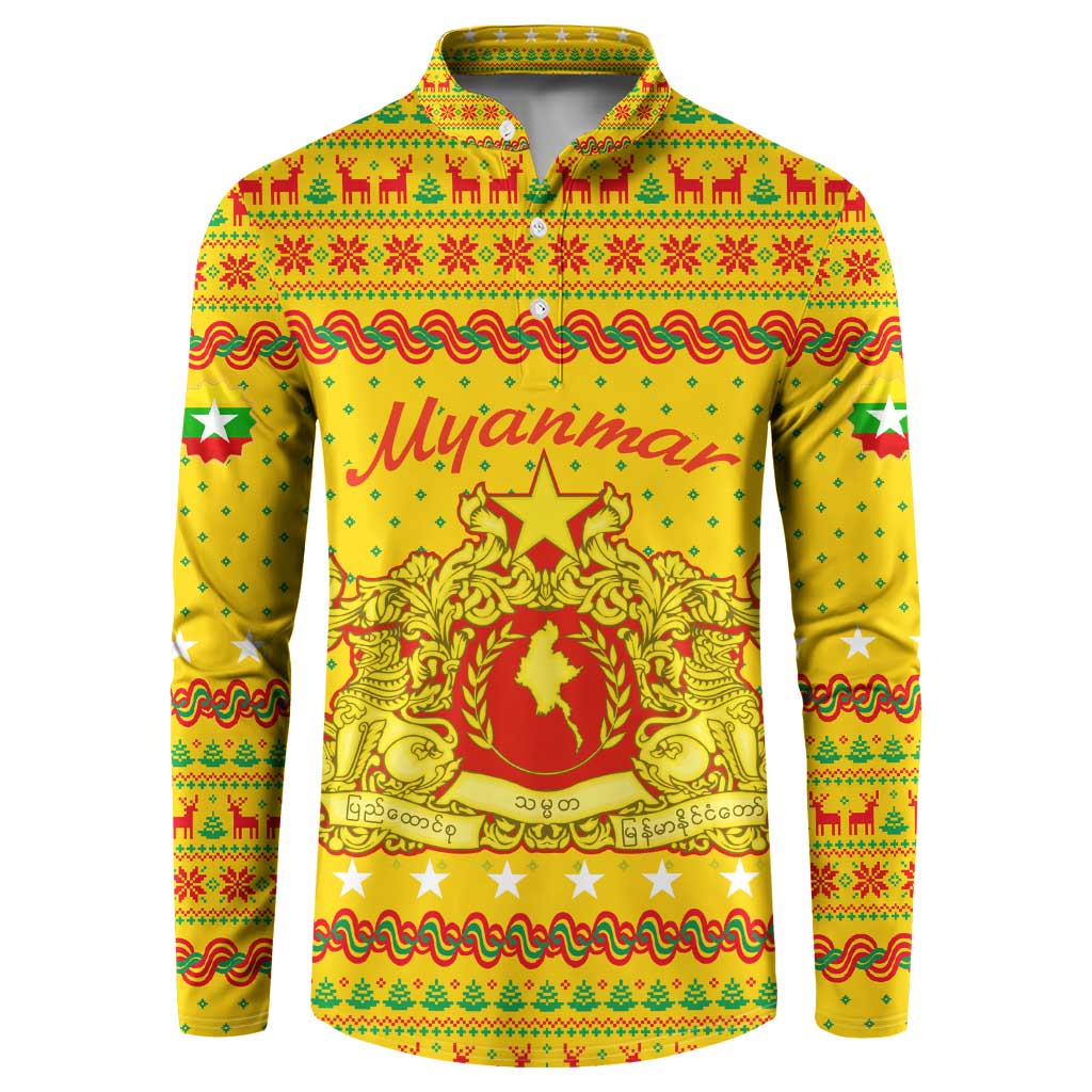 Myanmar Christmas Button Sweatshirt with Yellow-Red-Green Theme, National Emblem, and Star Motif - Wonder Print Shop