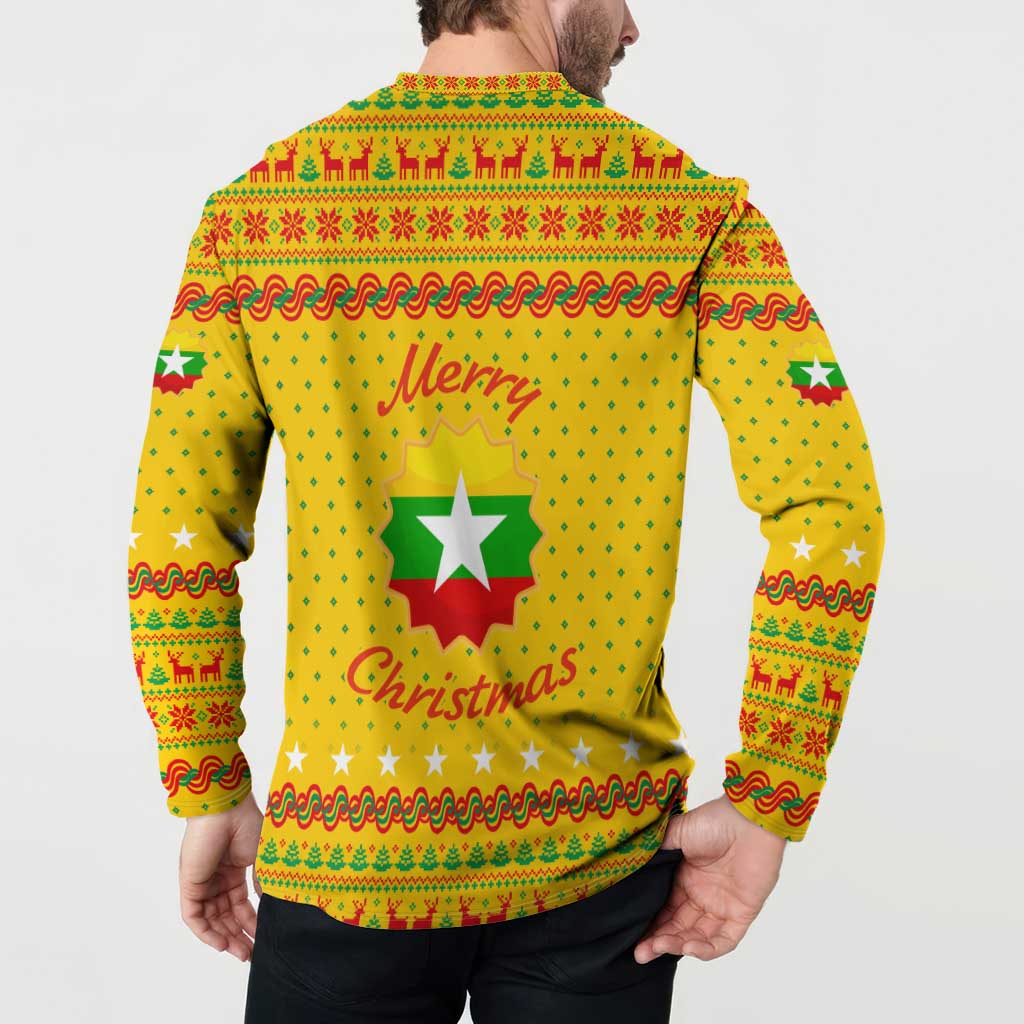 Myanmar Christmas Button Sweatshirt with Yellow-Red-Green Theme, National Emblem, and Star Motif - Wonder Print Shop