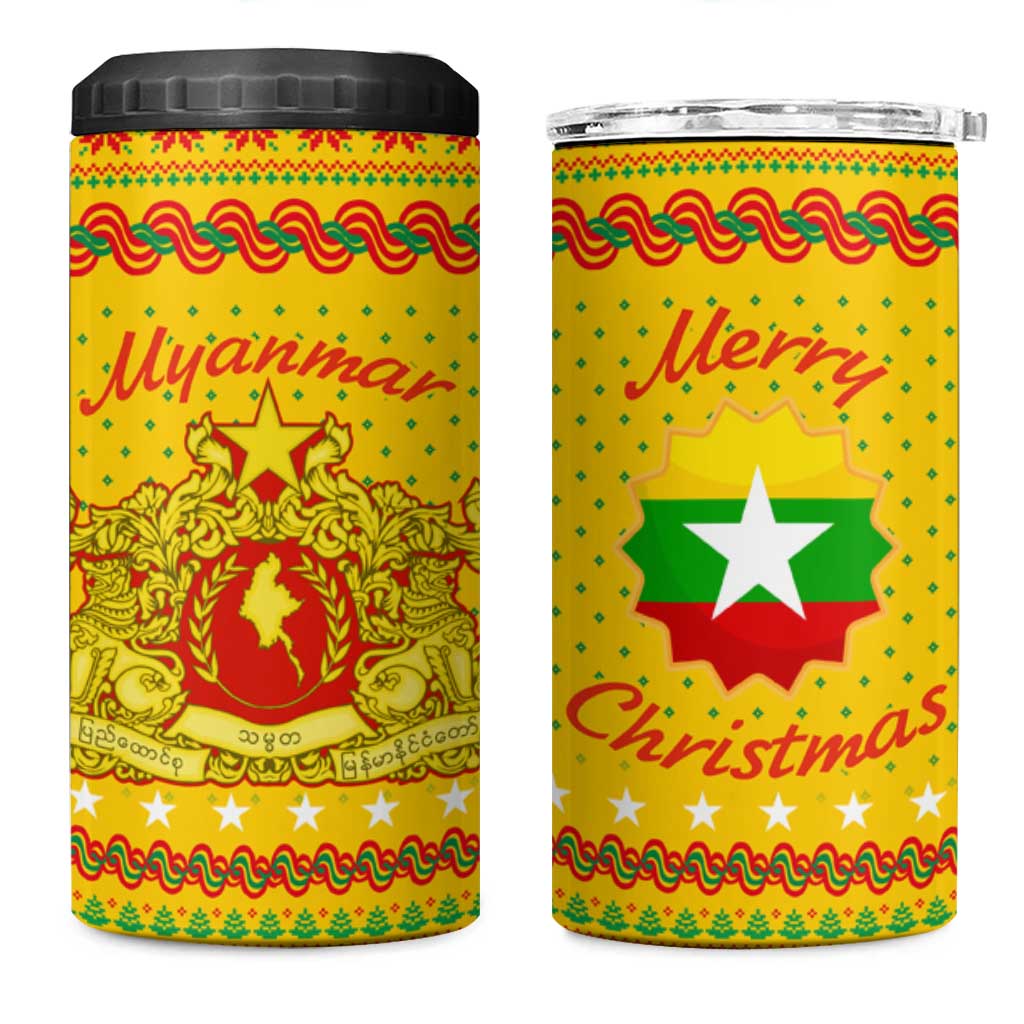 Myanmar Christmas 4 in 1 Can Cooler Tumbler with Yellow-Red-Green Theme, National Emblem, and Star Motif - Wonder Print Shop