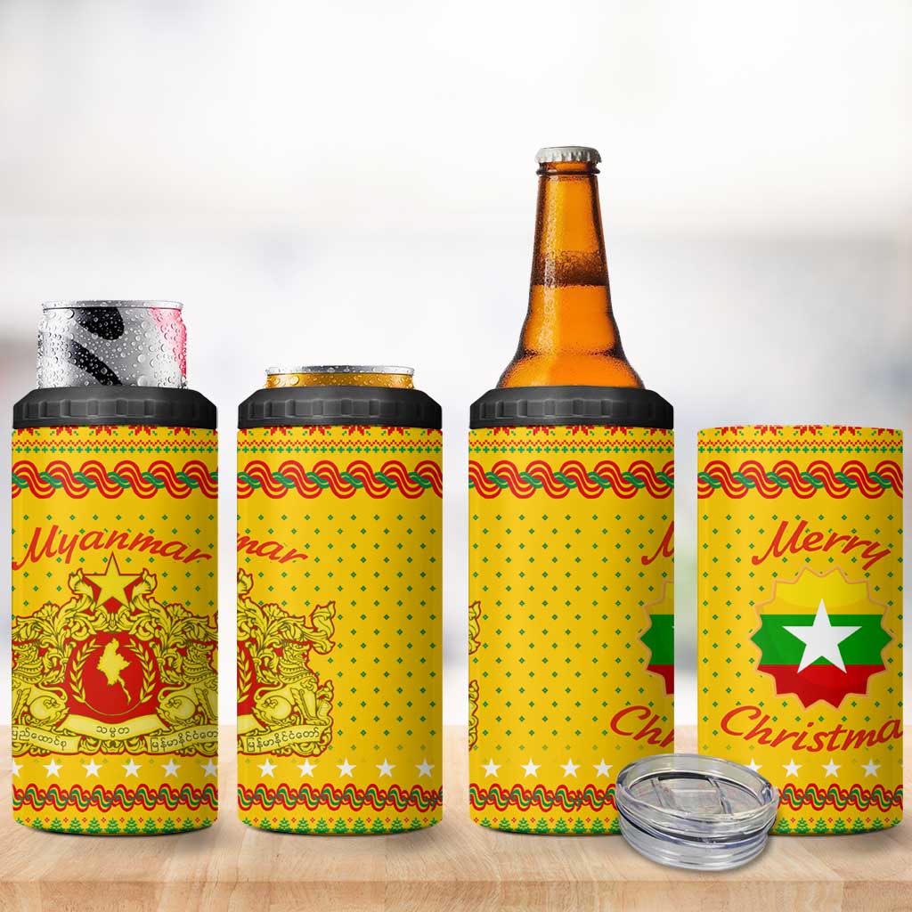 Myanmar Christmas 4 in 1 Can Cooler Tumbler with Yellow-Red-Green Theme, National Emblem, and Star Motif - Wonder Print Shop