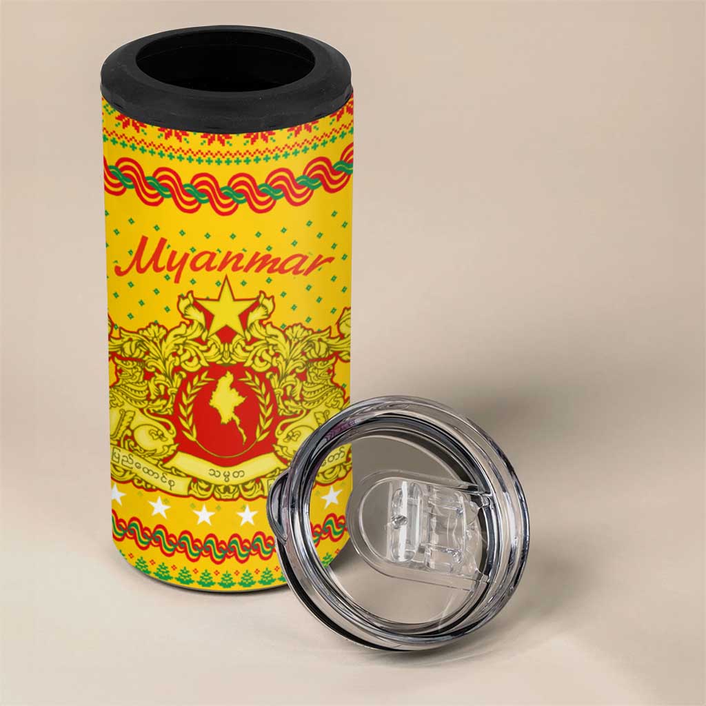 Myanmar Christmas 4 in 1 Can Cooler Tumbler with Yellow-Red-Green Theme, National Emblem, and Star Motif - Wonder Print Shop