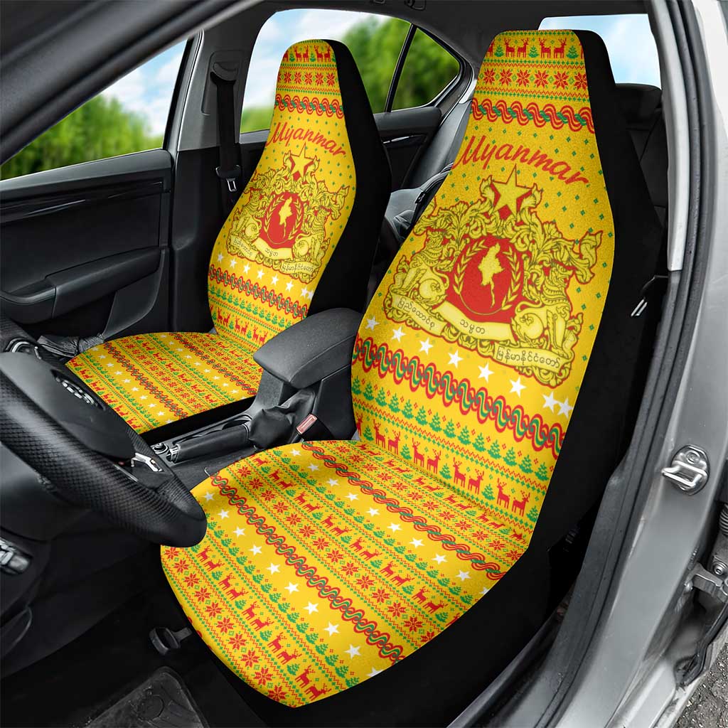 Myanmar Christmas Car Seat Cover with Yellow-Red-Green Theme, National Emblem, and Star Motif - Wonder Print Shop