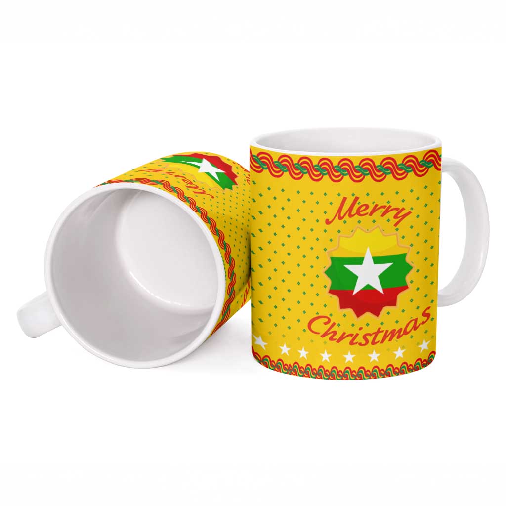 Myanmar Christmas Ceramic Mug with Yellow-Red-Green Theme, National Emblem, and Star Motif - Wonder Print Shop