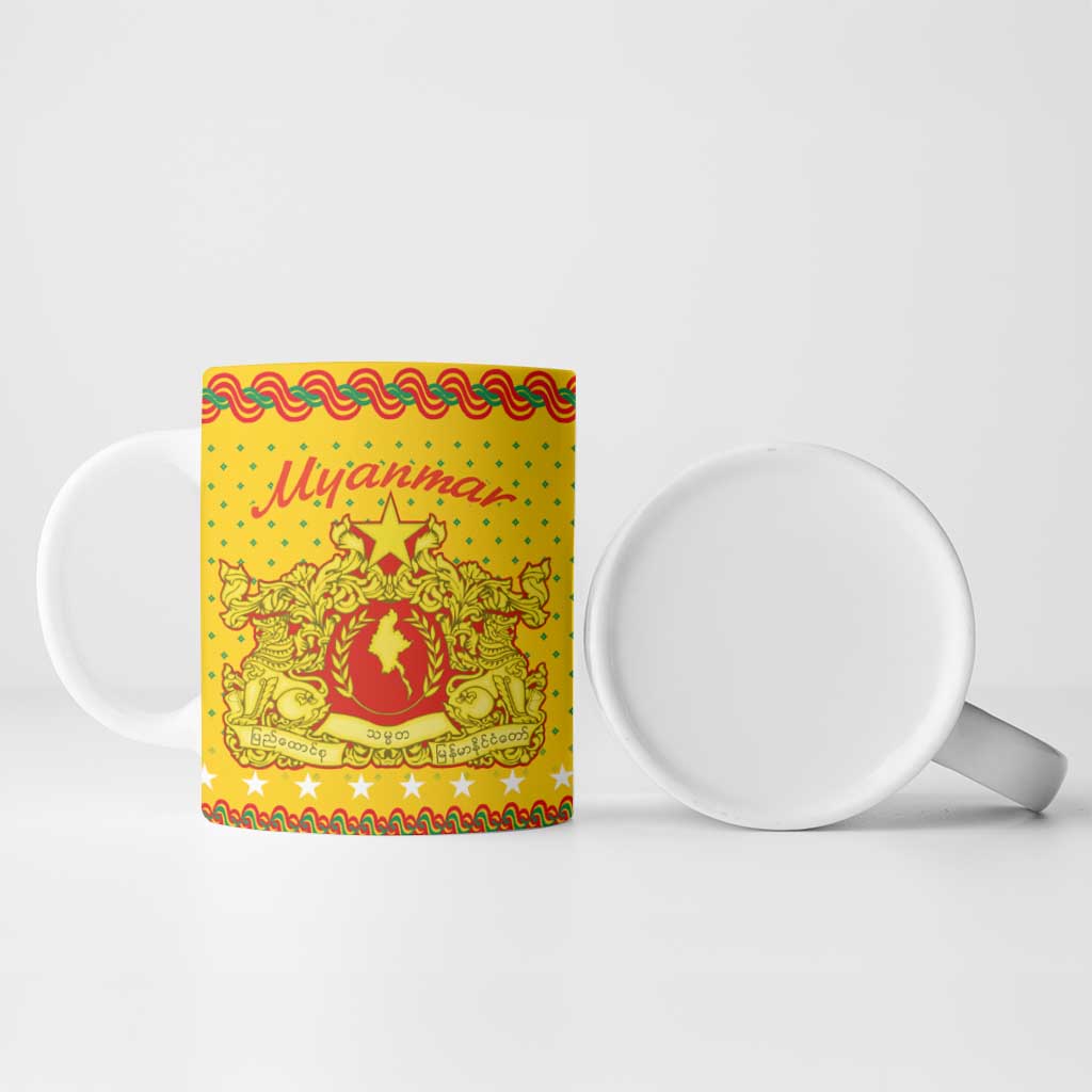 Myanmar Christmas Ceramic Mug with Yellow-Red-Green Theme, National Emblem, and Star Motif - Wonder Print Shop