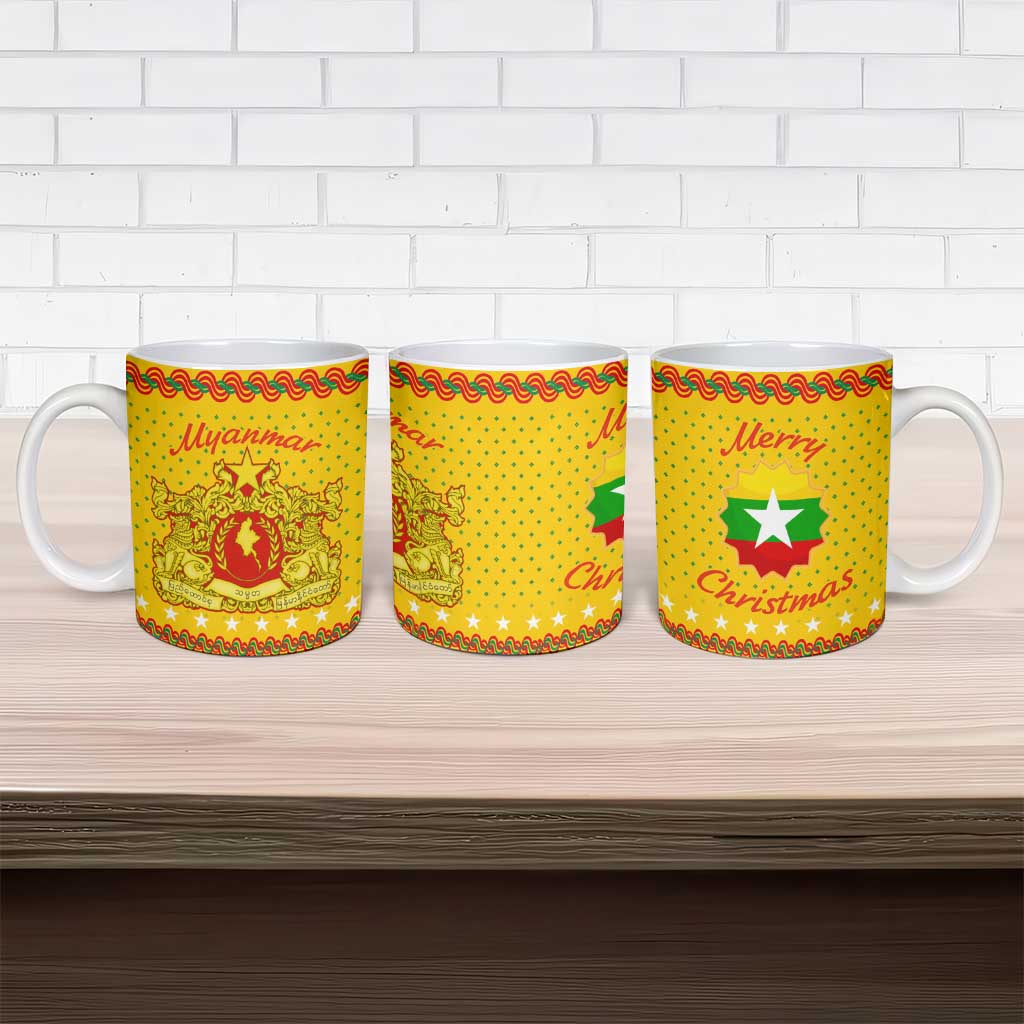 Myanmar Christmas Ceramic Mug with Yellow-Red-Green Theme, National Emblem, and Star Motif - Wonder Print Shop
