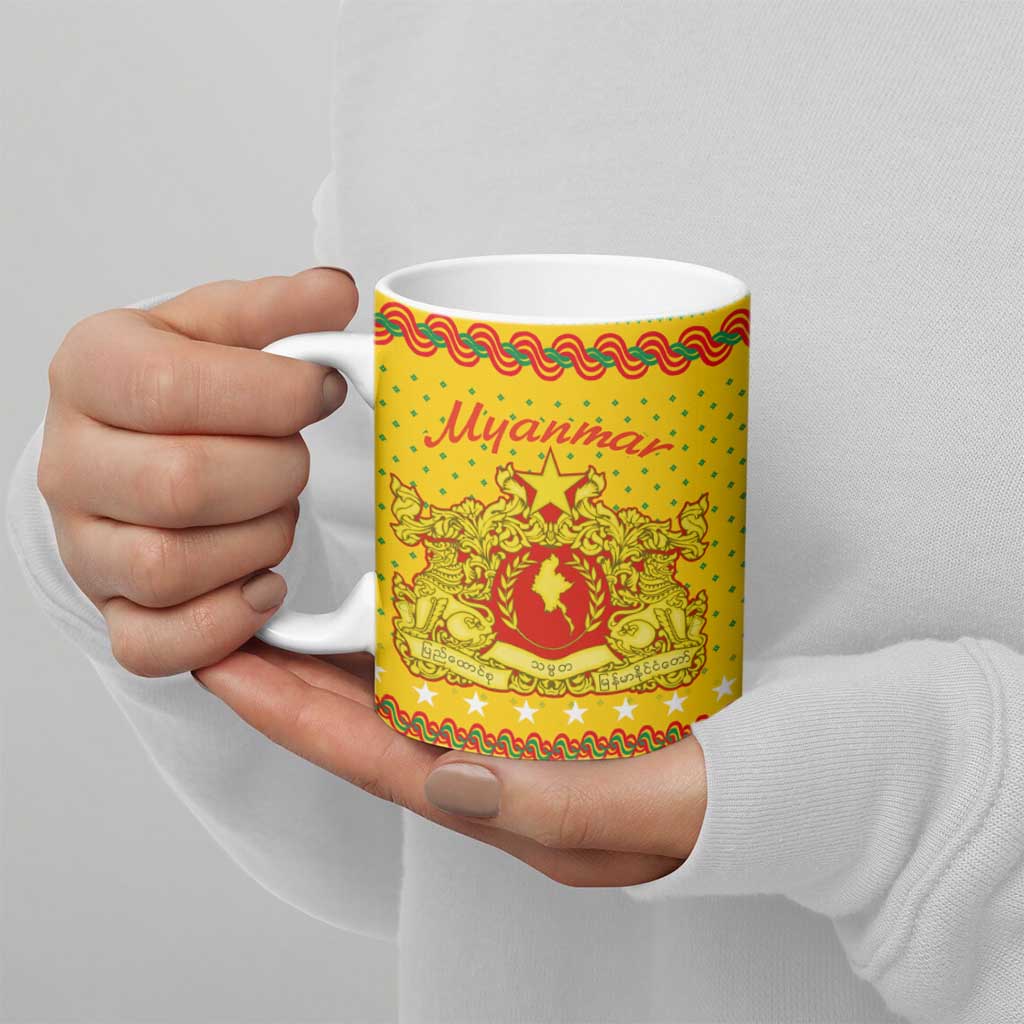 Myanmar Christmas Ceramic Mug with Yellow-Red-Green Theme, National Emblem, and Star Motif - Wonder Print Shop