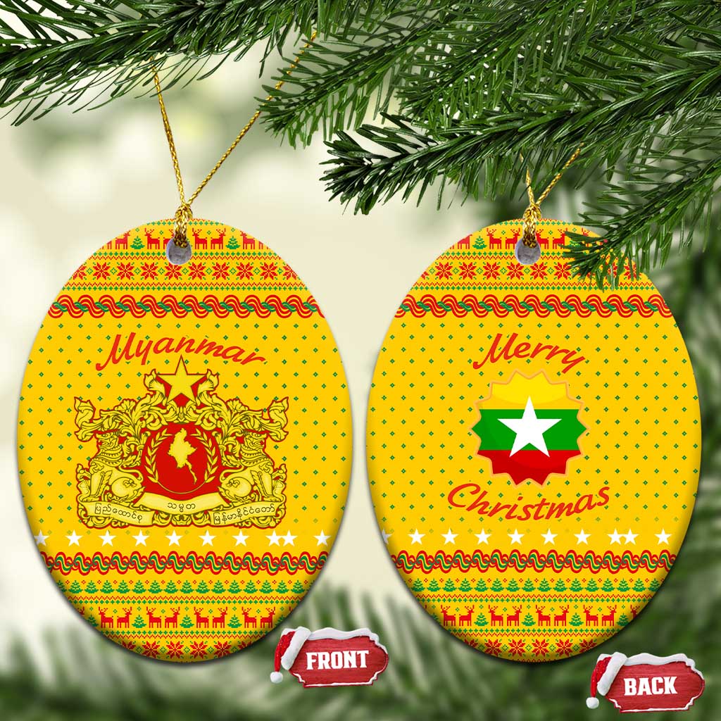 Myanmar Christmas Ceramic Ornament with Yellow-Red-Green Theme, National Emblem, and Star Motif - Wonder Print Shop