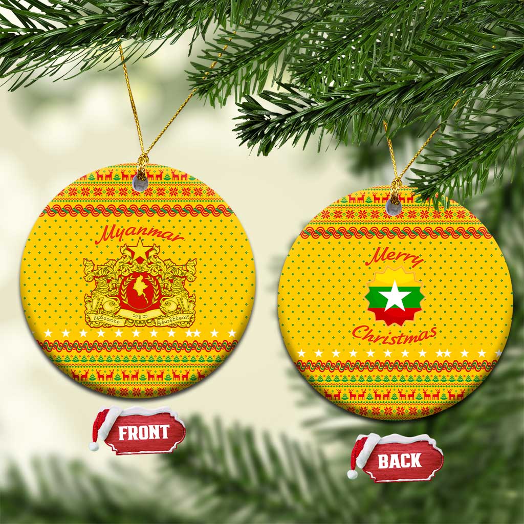 Myanmar Christmas Ceramic Ornament with Yellow-Red-Green Theme, National Emblem, and Star Motif - Wonder Print Shop