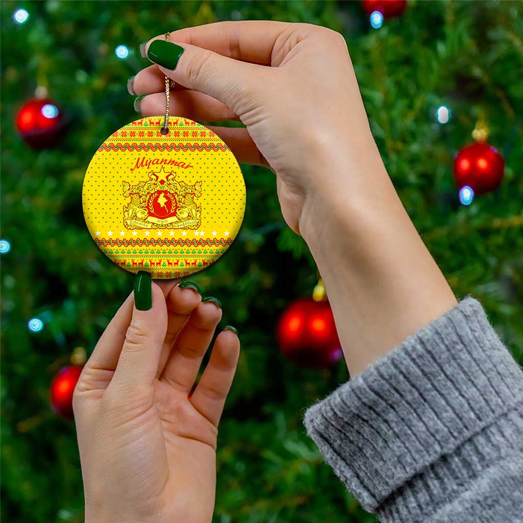 Myanmar Christmas Ceramic Ornament with Yellow-Red-Green Theme, National Emblem, and Star Motif - Wonder Print Shop