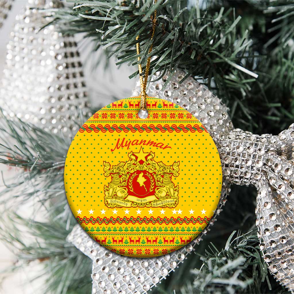 Myanmar Christmas Ceramic Ornament with Yellow-Red-Green Theme, National Emblem, and Star Motif - Wonder Print Shop