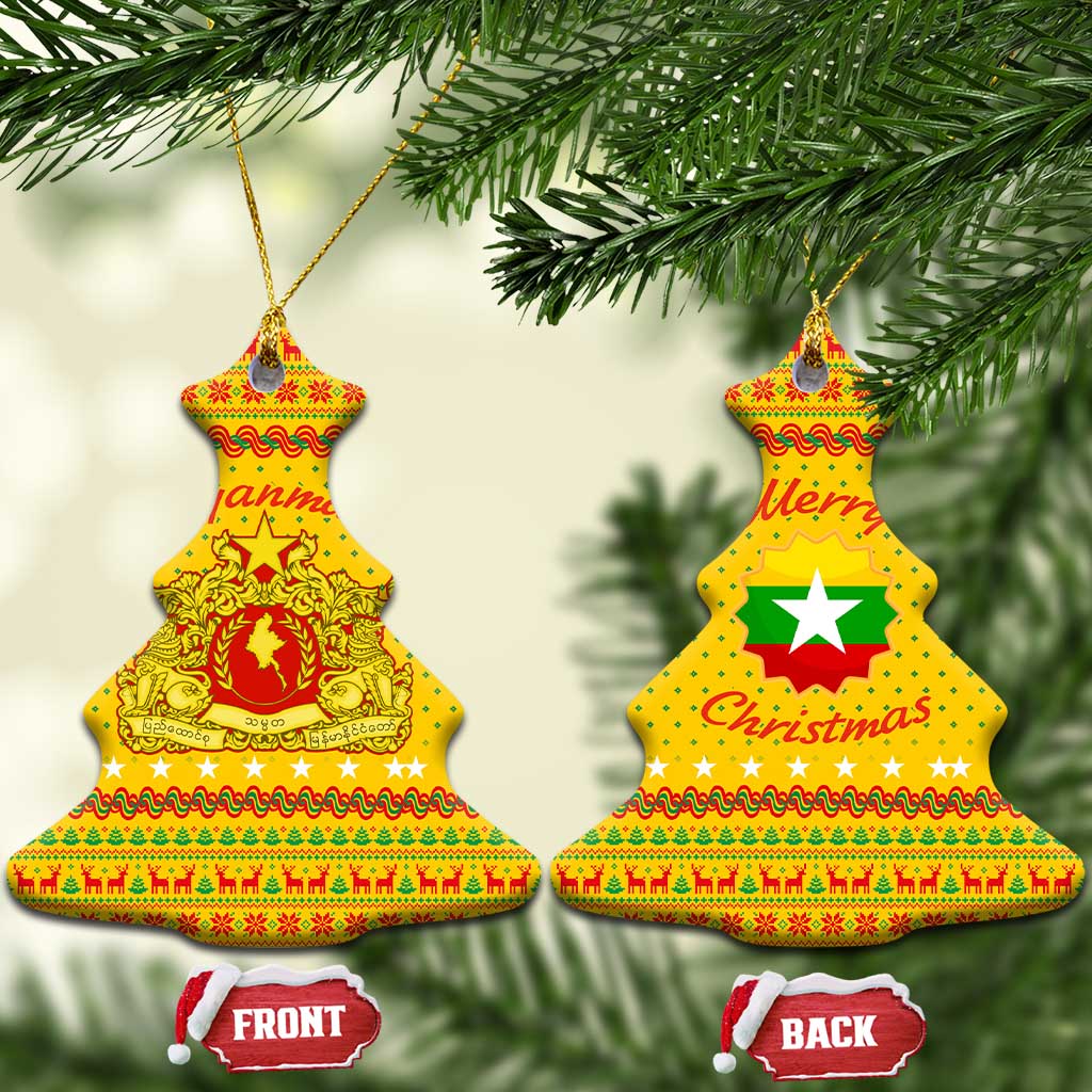 Myanmar Christmas Ceramic Ornament with Yellow-Red-Green Theme, National Emblem, and Star Motif - Wonder Print Shop