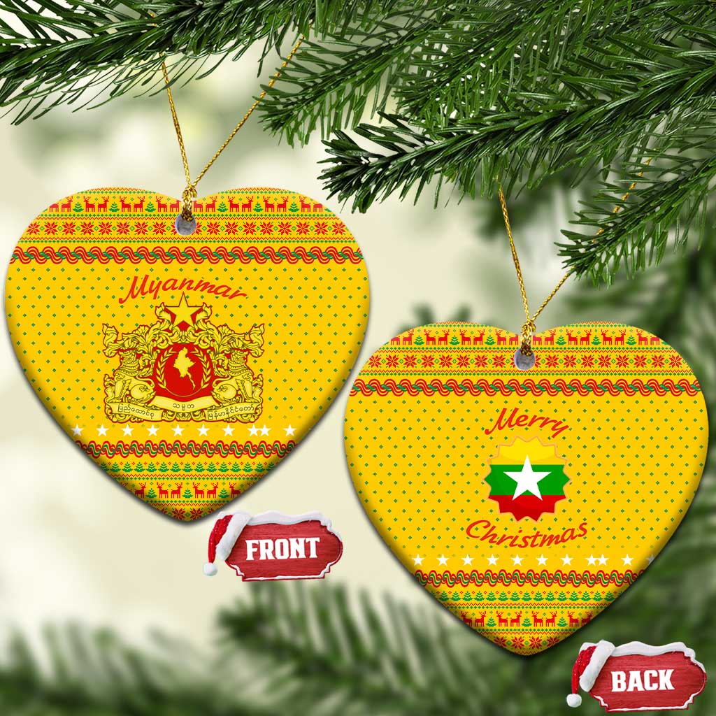 Myanmar Christmas Ceramic Ornament with Yellow-Red-Green Theme, National Emblem, and Star Motif - Wonder Print Shop