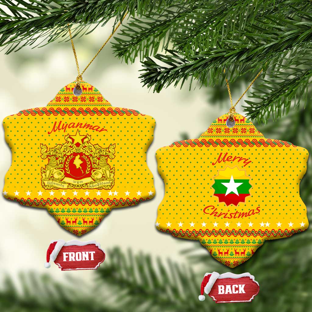 Myanmar Christmas Ceramic Ornament with Yellow-Red-Green Theme, National Emblem, and Star Motif - Wonder Print Shop