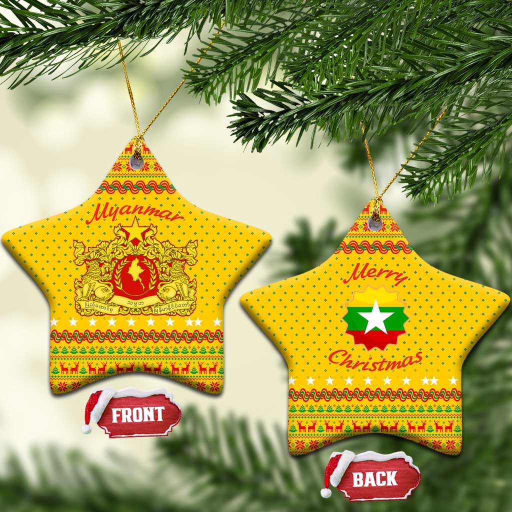 Myanmar Christmas Ceramic Ornament with Yellow-Red-Green Theme, National Emblem, and Star Motif - Wonder Print Shop