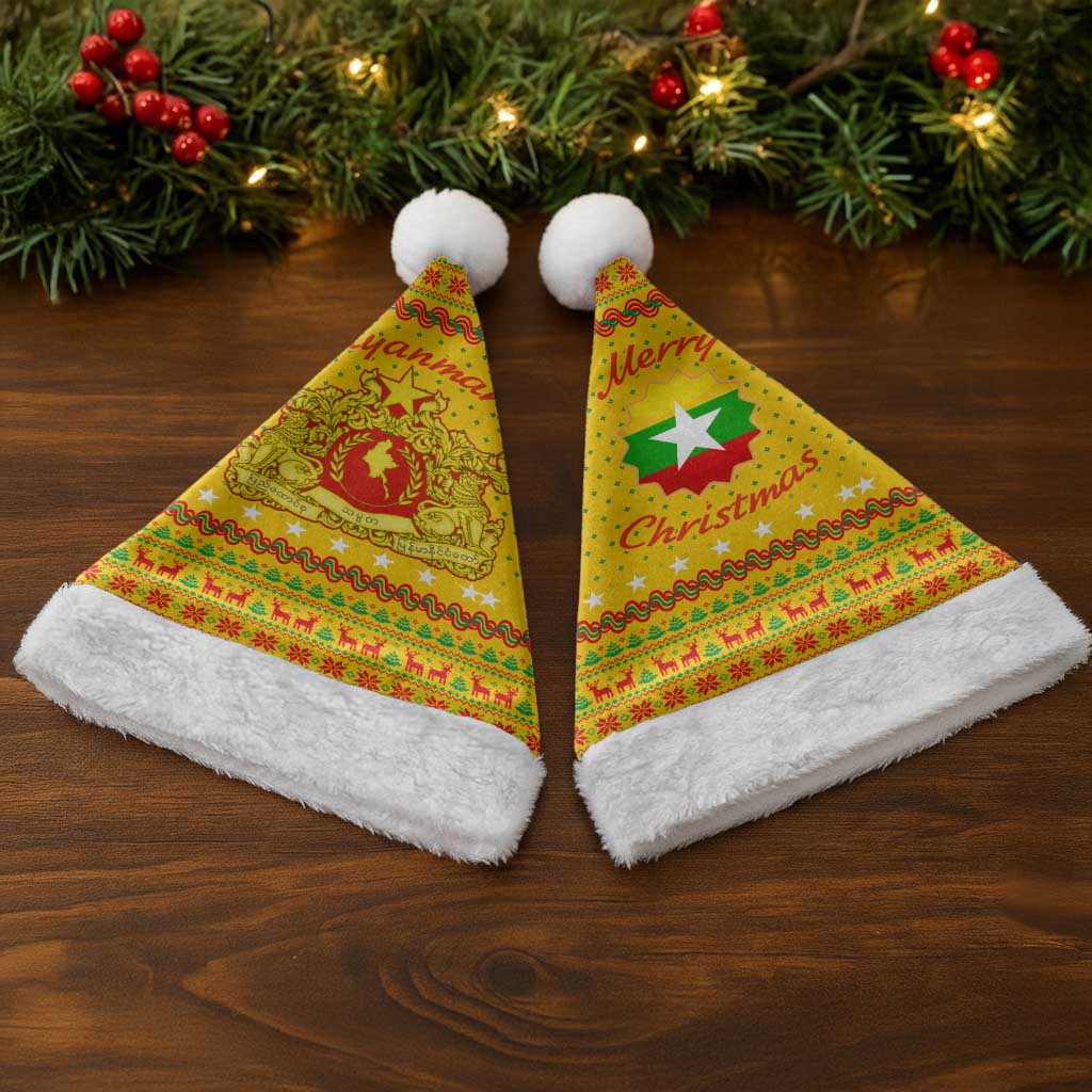 Myanmar Christmas Santa Hat with Yellow-Red-Green Theme, National Emblem, and Star Motif - Wonder Print Shop