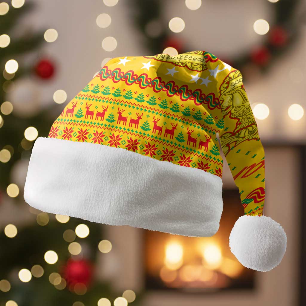 Myanmar Christmas Santa Hat with Yellow-Red-Green Theme, National Emblem, and Star Motif - Wonder Print Shop
