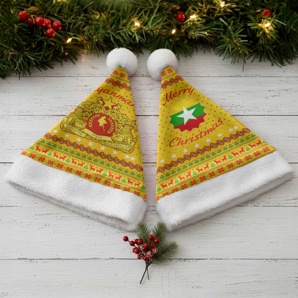 Myanmar Christmas Santa Hat with Yellow-Red-Green Theme, National Emblem, and Star Motif - Wonder Print Shop