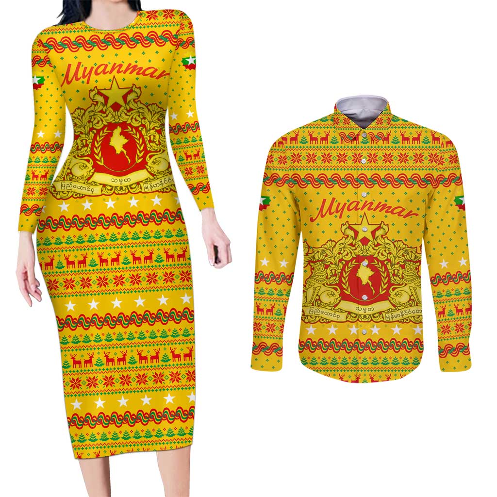 Myanmar Christmas Couples Matching Long Sleeve Bodycon Dress and Long Sleeve Button Shirt with Yellow-Red-Green Theme, National Emblem, and Star Motif - Wonder Print Shop