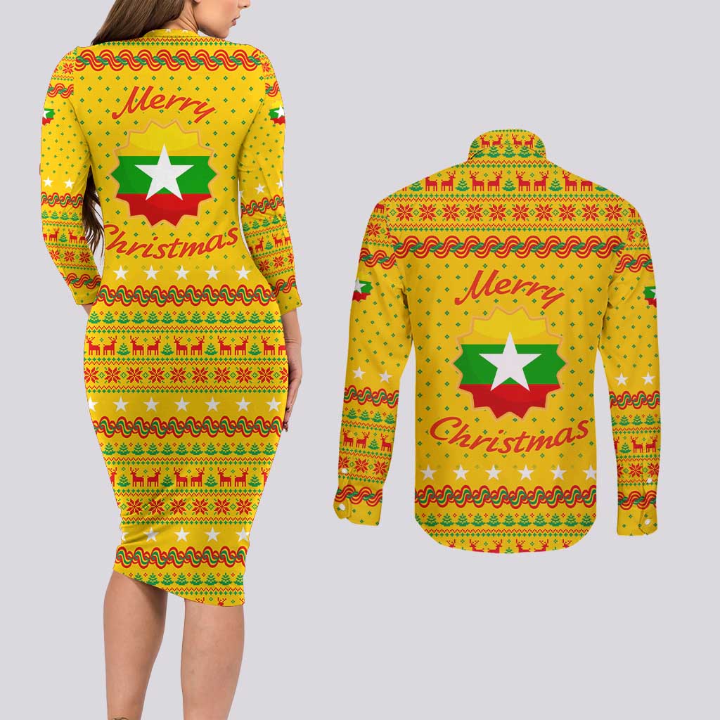 Myanmar Christmas Couples Matching Long Sleeve Bodycon Dress and Long Sleeve Button Shirt with Yellow-Red-Green Theme, National Emblem, and Star Motif - Wonder Print Shop