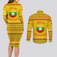 Myanmar Christmas Couples Matching Long Sleeve Bodycon Dress and Long Sleeve Button Shirt with Yellow-Red-Green Theme, National Emblem, and Star Motif - Wonder Print Shop