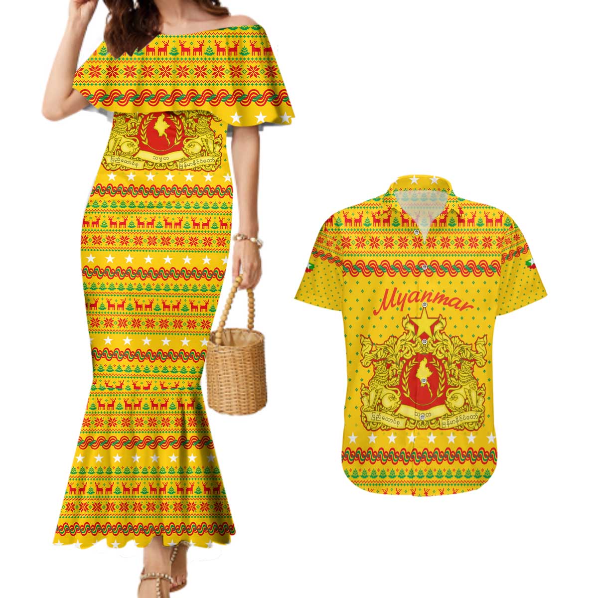 Myanmar Christmas Couples Matching Mermaid Dress and Hawaiian Shirt with Yellow-Red-Green Theme, National Emblem, and Star Motif - Wonder Print Shop
