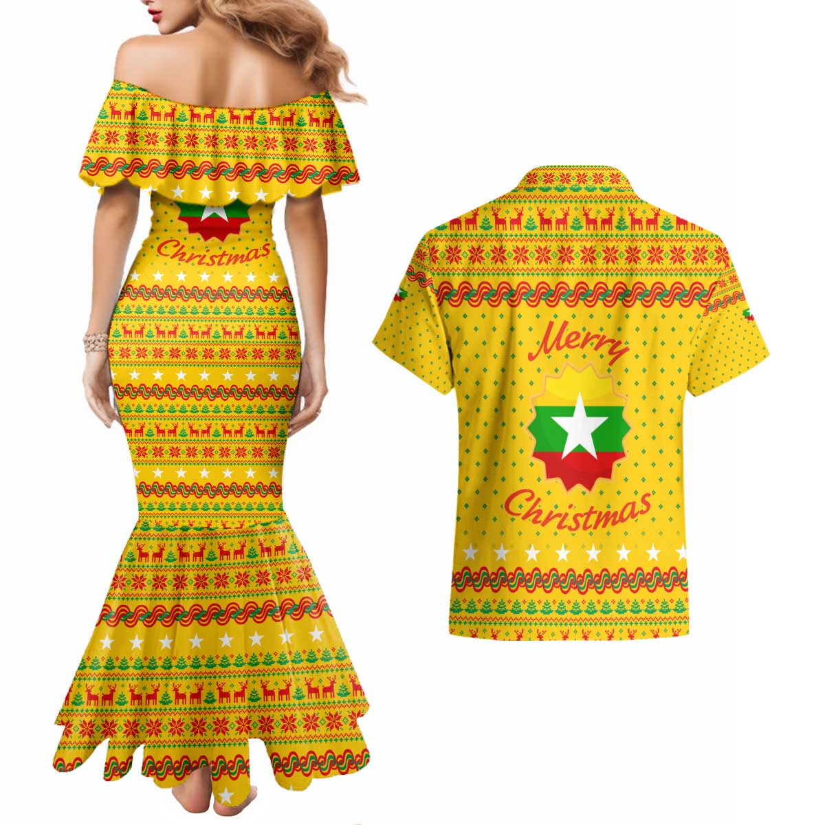 Myanmar Christmas Couples Matching Mermaid Dress and Hawaiian Shirt with Yellow-Red-Green Theme, National Emblem, and Star Motif - Wonder Print Shop