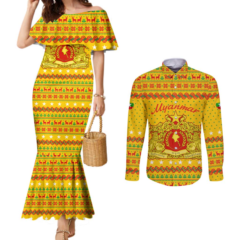 Myanmar Christmas Couples Matching Mermaid Dress and Long Sleeve Button Shirt with Yellow-Red-Green Theme, National Emblem, and Star Motif - Wonder Print Shop