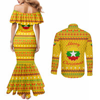 Myanmar Christmas Couples Matching Mermaid Dress and Long Sleeve Button Shirt with Yellow-Red-Green Theme, National Emblem, and Star Motif - Wonder Print Shop