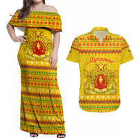 Myanmar Christmas Couples Matching Off Shoulder Maxi Dress and Hawaiian Shirt with Yellow-Red-Green Theme, National Emblem, and Star Motif - Wonder Print Shop