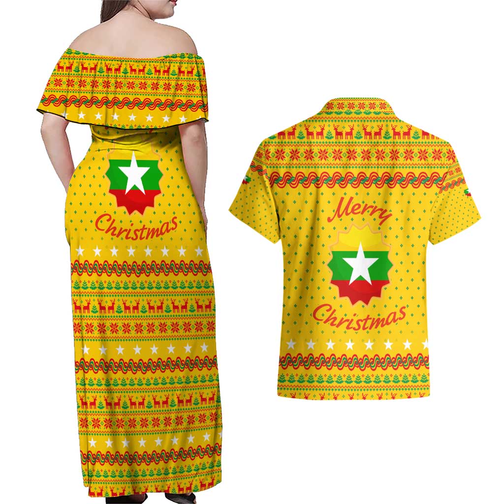 Myanmar Christmas Couples Matching Off Shoulder Maxi Dress and Hawaiian Shirt with Yellow-Red-Green Theme, National Emblem, and Star Motif - Wonder Print Shop