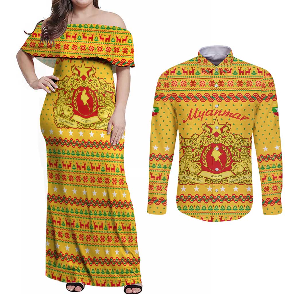 Myanmar Christmas Couples Matching Off Shoulder Maxi Dress and Long Sleeve Button Shirt with Yellow-Red-Green Theme, National Emblem, and Star Motif - Wonder Print Shop