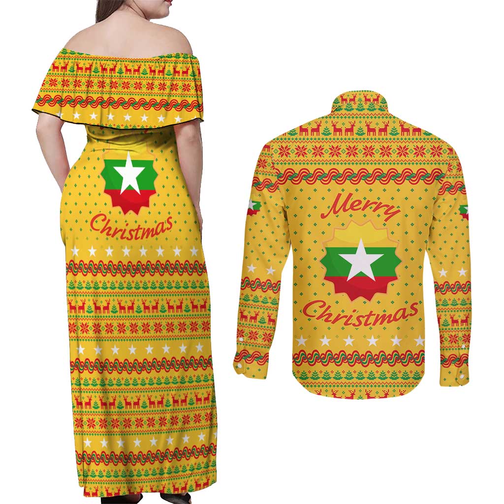 Myanmar Christmas Couples Matching Off Shoulder Maxi Dress and Long Sleeve Button Shirt with Yellow-Red-Green Theme, National Emblem, and Star Motif - Wonder Print Shop