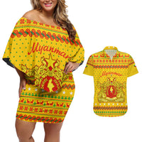 Myanmar Christmas Couples Matching Off Shoulder Short Dress and Hawaiian Shirt with Yellow-Red-Green Theme, National Emblem, and Star Motif - Wonder Print Shop