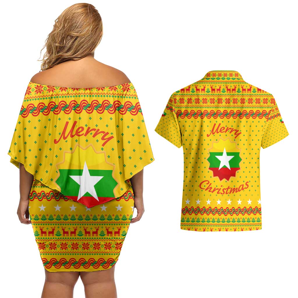 Myanmar Christmas Couples Matching Off Shoulder Short Dress and Hawaiian Shirt with Yellow-Red-Green Theme, National Emblem, and Star Motif - Wonder Print Shop