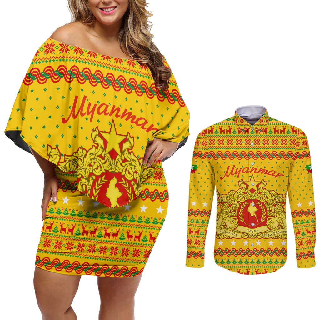 Myanmar Christmas Couples Matching Off Shoulder Short Dress and Long Sleeve Button Shirt with Yellow-Red-Green Theme, National Emblem, and Star Motif - Wonder Print Shop