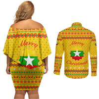 Myanmar Christmas Couples Matching Off Shoulder Short Dress and Long Sleeve Button Shirt with Yellow-Red-Green Theme, National Emblem, and Star Motif - Wonder Print Shop