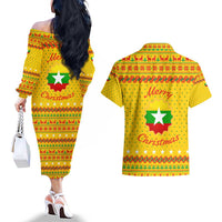 Myanmar Christmas Couples Matching Off The Shoulder Long Sleeve Dress and Hawaiian Shirt with Yellow-Red-Green Theme, National Emblem, and Star Motif - Wonder Print Shop