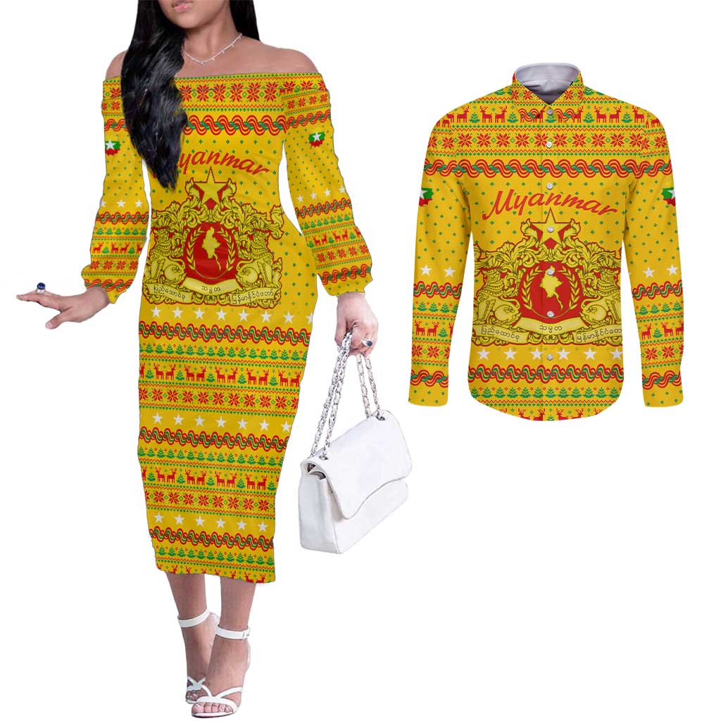 Myanmar Christmas Couples Matching Off The Shoulder Long Sleeve Dress and Long Sleeve Button Shirt with Yellow-Red-Green Theme, National Emblem, and Star Motif - Wonder Print Shop